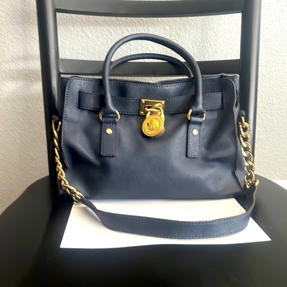 Michael Kors Hamilton Large Navy Saffiano Leather Handbag Crossbody Old Money